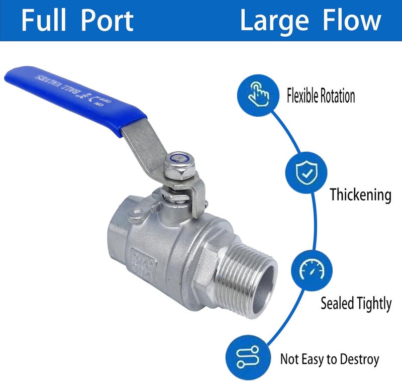 POTONZ Full Port Ball Valve 3/4" NPT Heavy Duty Stainless Steel 304 Male x Female Thread For Water,Oil and Gas（1000WOG） - Image 2